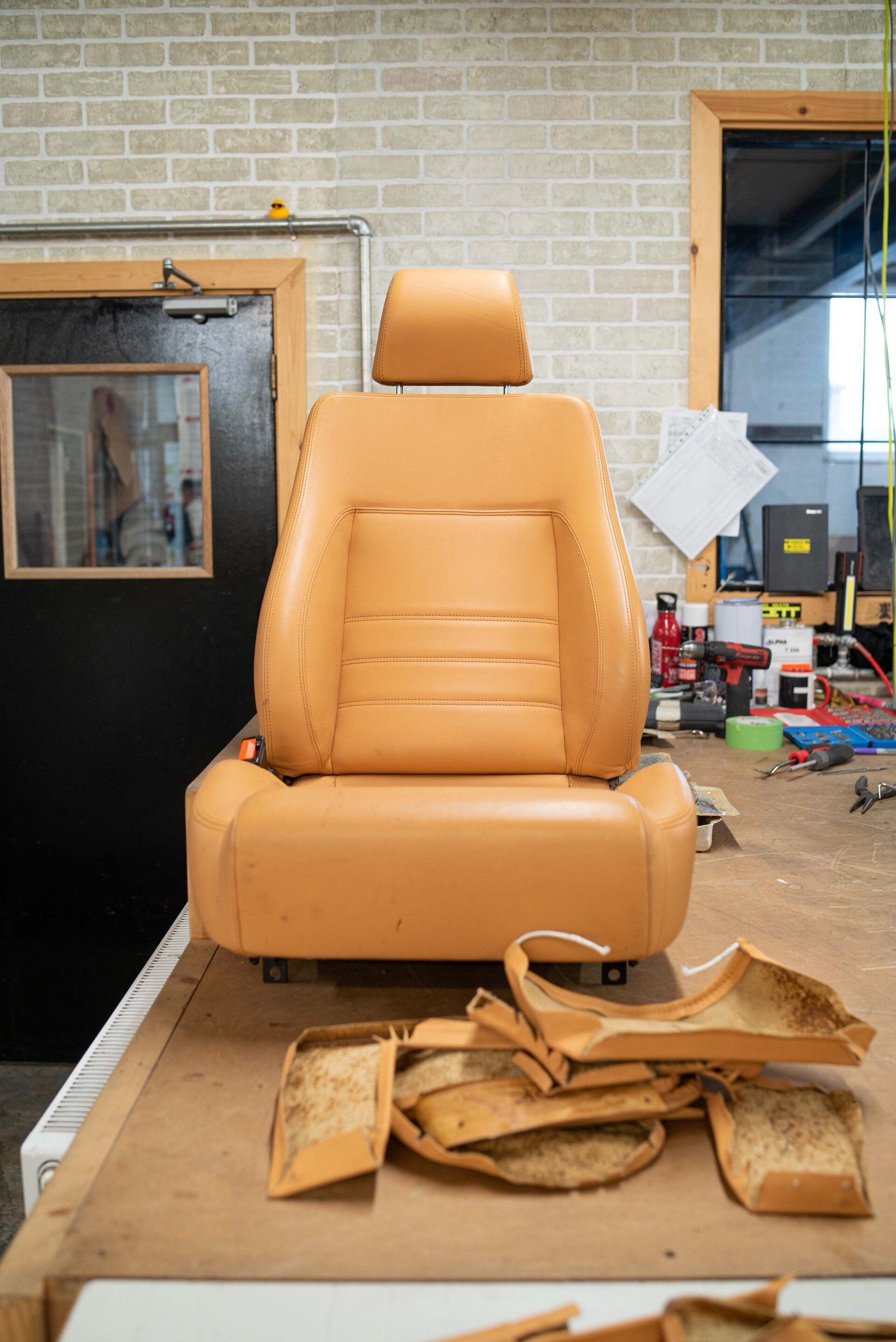 Ferrari F355 Spider Full interior retrim d:class auto tan nappa leather reupholstered upholstery trim restoration surrey bespoke seats tools trimming how to progression 