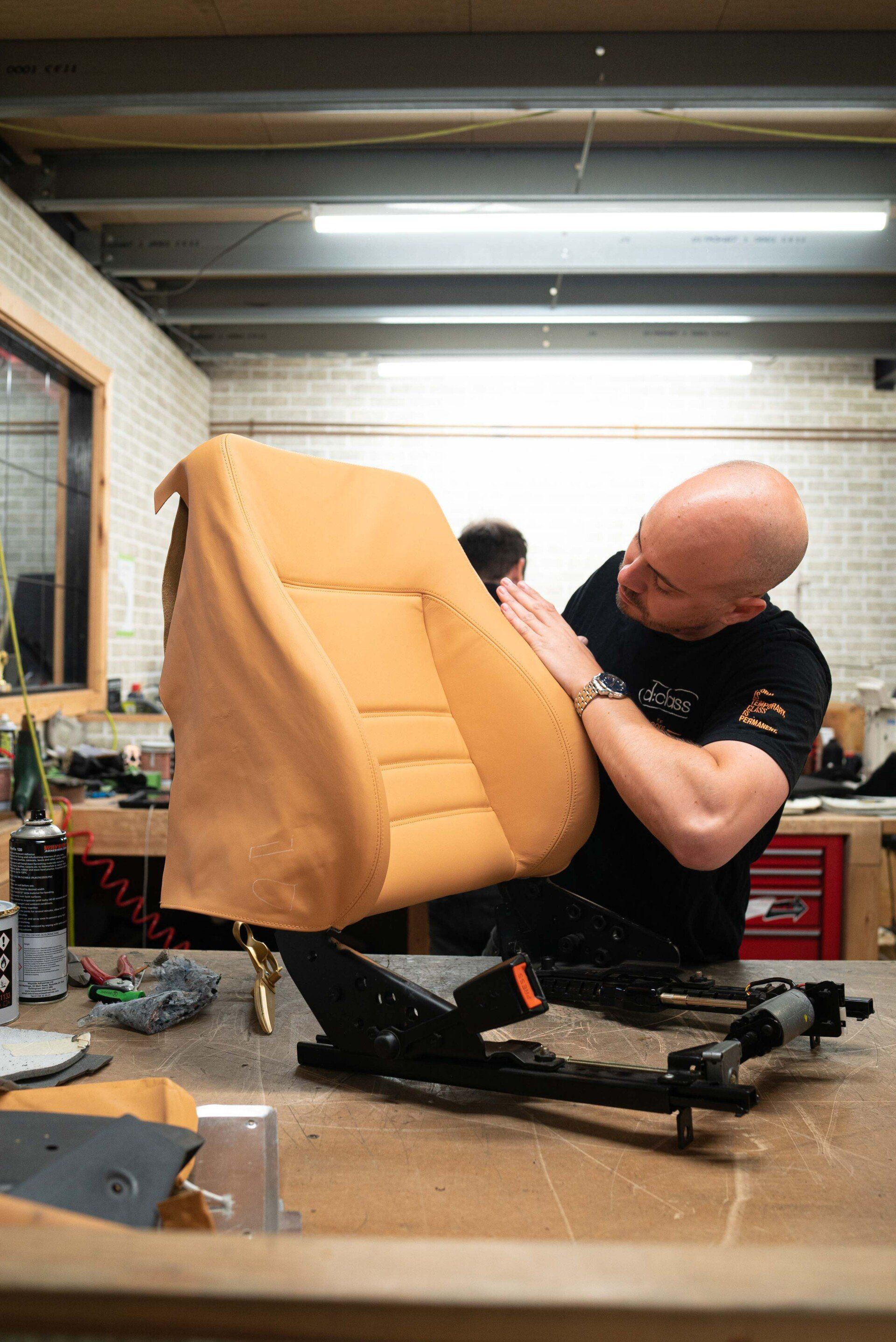 Ferrari F355 Spider Full interior retrim d:class auto tan nappa leather reupholstered upholstery trim restoration surrey bespoke seats tools trimming how to progression 