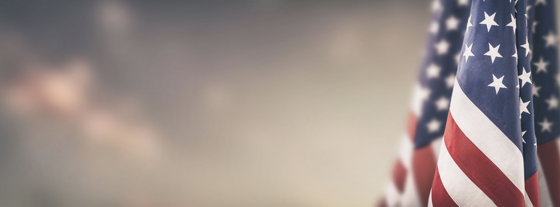 Several American flags fold into the right side of the frame against a soft, out-of-focus background.