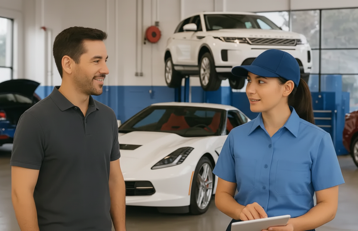 Man talking to AAKMCO mechanic in a car repair shop; cars on lifts; woman holding tablet.