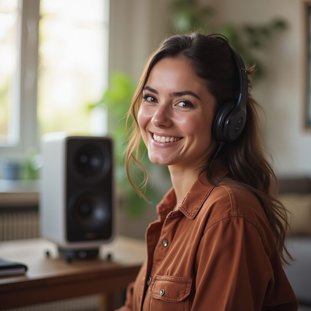 Woman wearing headphones smiles, sits at a desk near a speaker; natural light fills the room.