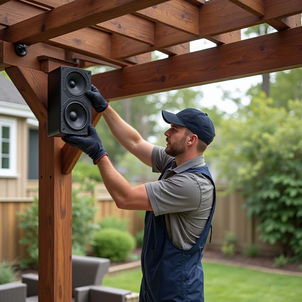 AV technician installing outdoor speaker on pergola