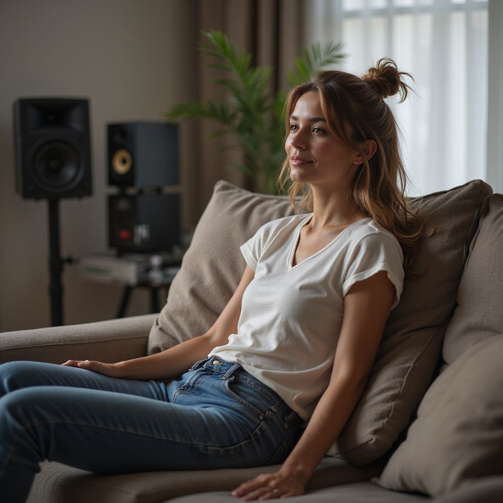 Woman sitting on a couch, looking out window. She's wearing a white shirt and jeans.