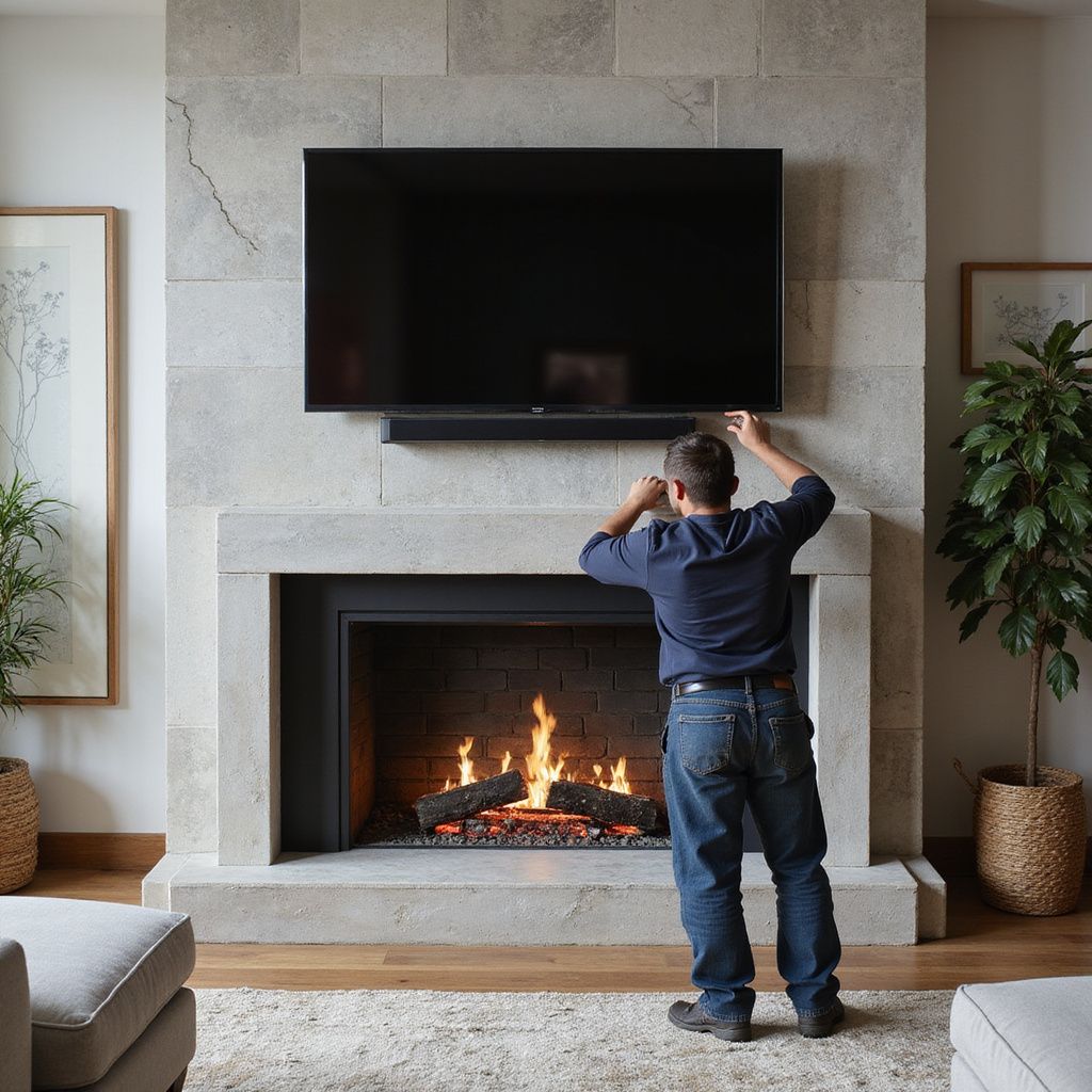 Man adjusting a TV and soundbar above a fireplace.