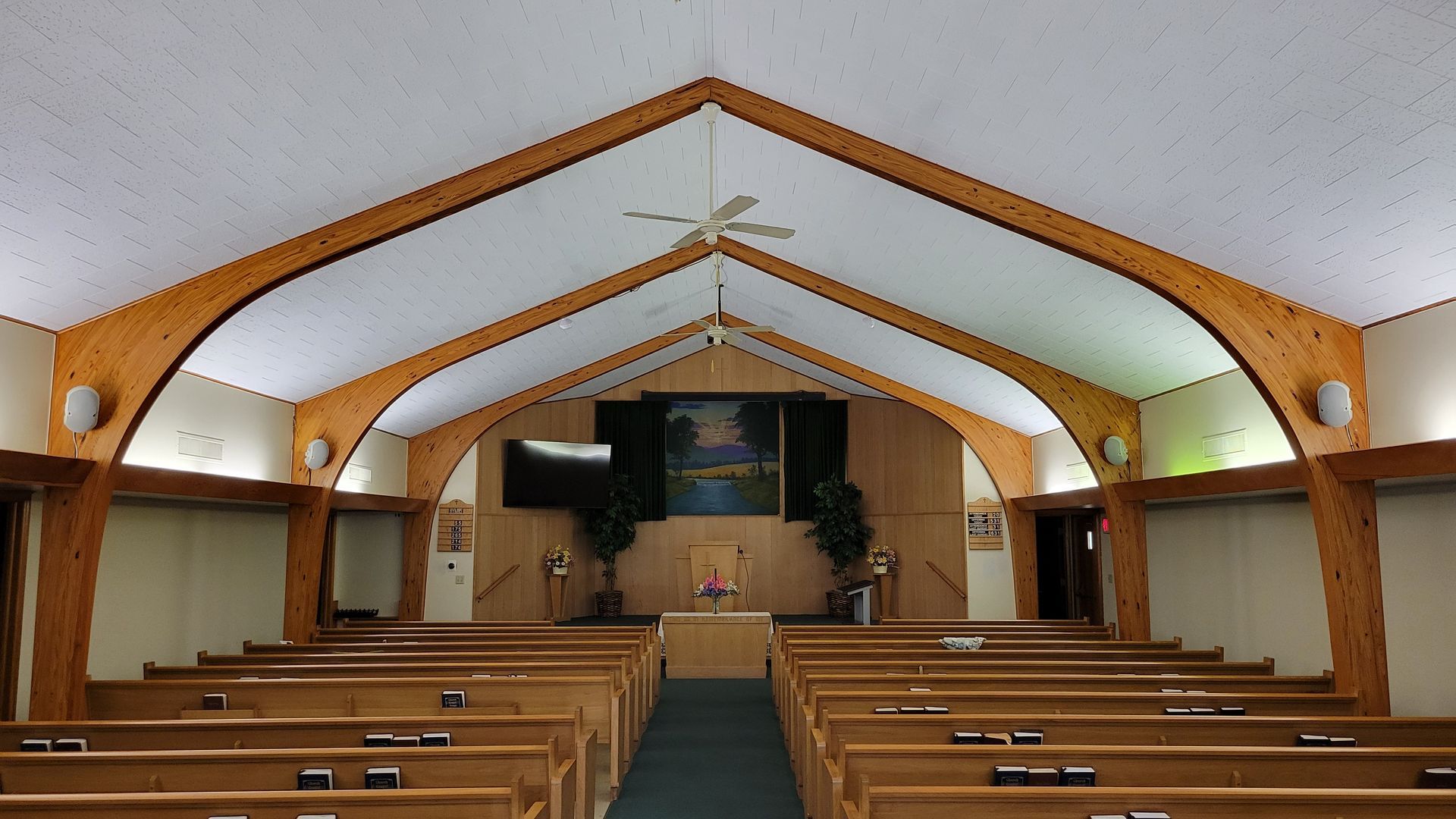 Interior view of a church in bellevue ohio with a new audio, and video system installed by fisher custom av