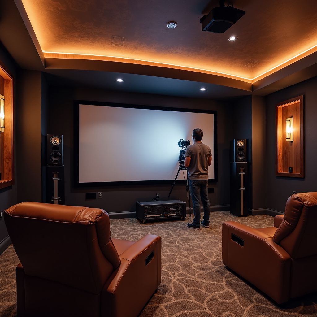 Man setting up camera in home theater with screen, speakers, recliners, and decorative lighting.