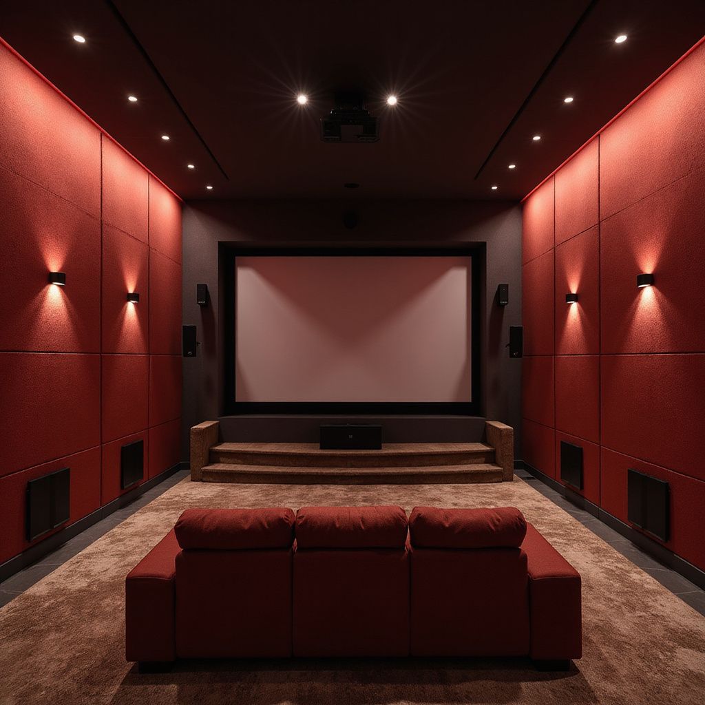 Red home theater with a screen, and theater seating.