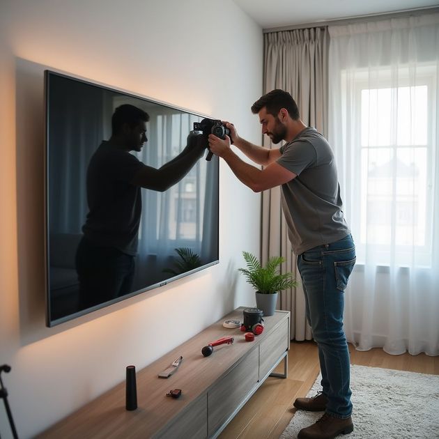 Custom TV installation with a wall-mounted TV in a brightly lit room.