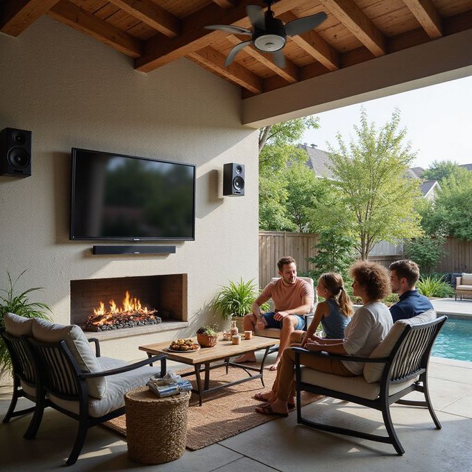 Family gathered in an outdoor living space with a fireplace, outdoor TV, and outdoor audio system installation.