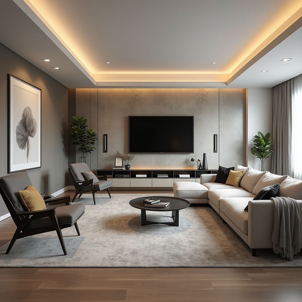 Modern living room with whole home audio and TV setup