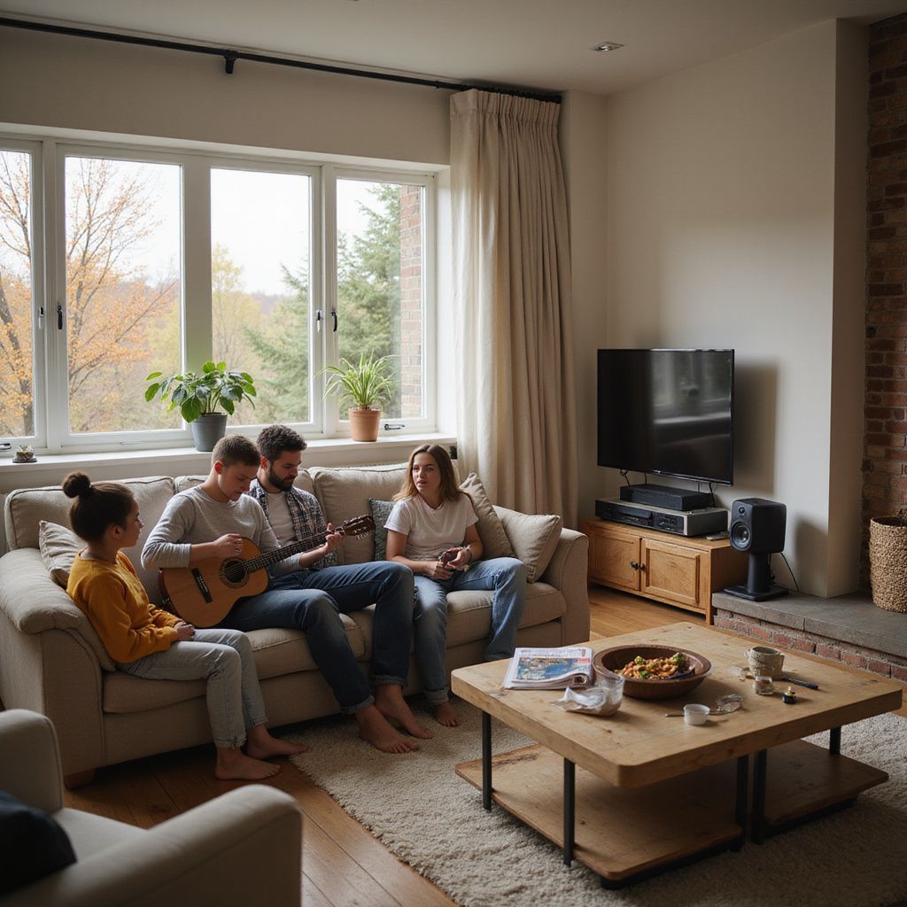 Family enjoying music from a whole home audio system at home