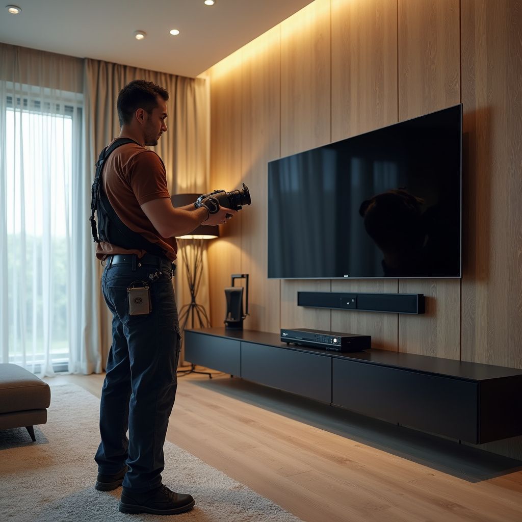 Professional AV technician installing a home audio and video system