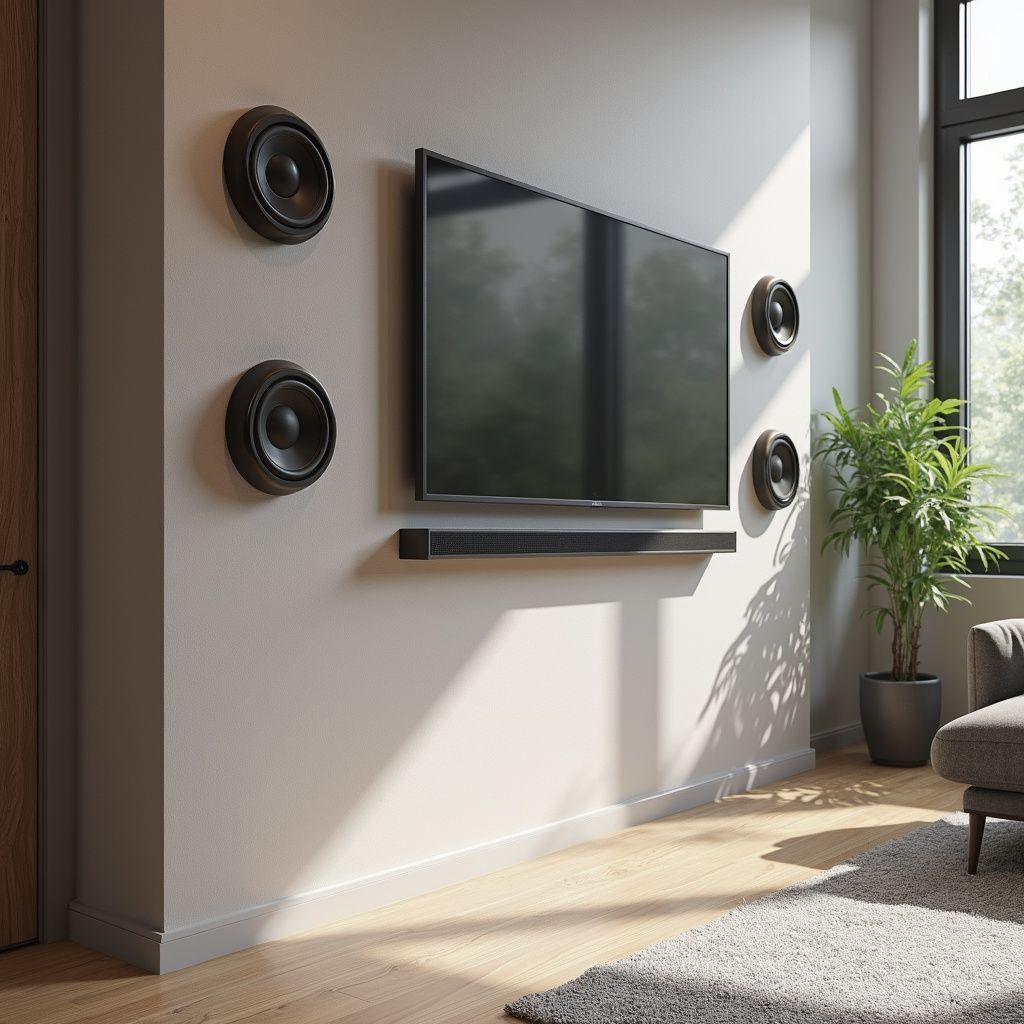 In-wall speakers and TV mounted in a modern living room