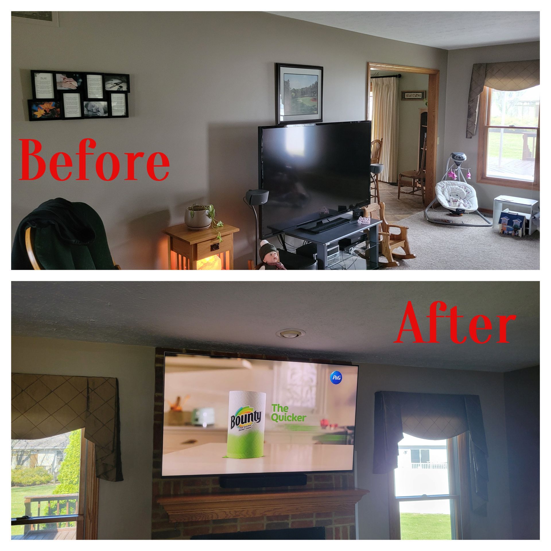Before and after picture of TV on a stand, and them moved and mounted above a fireplace with sonos arc ultra soundbar.