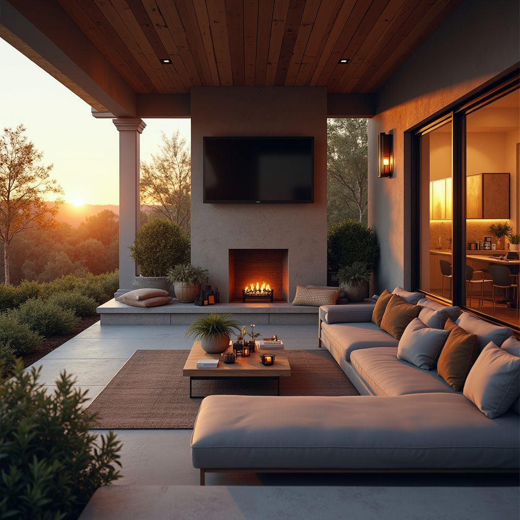 Outdoor patio with a couch, fireplace, TV, and sunset view.
