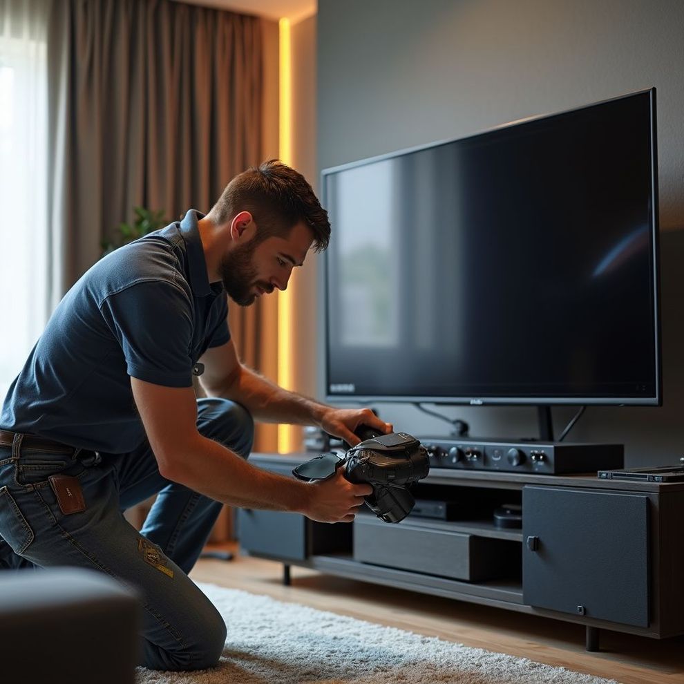 Man installing a TV and audio system in a living room.