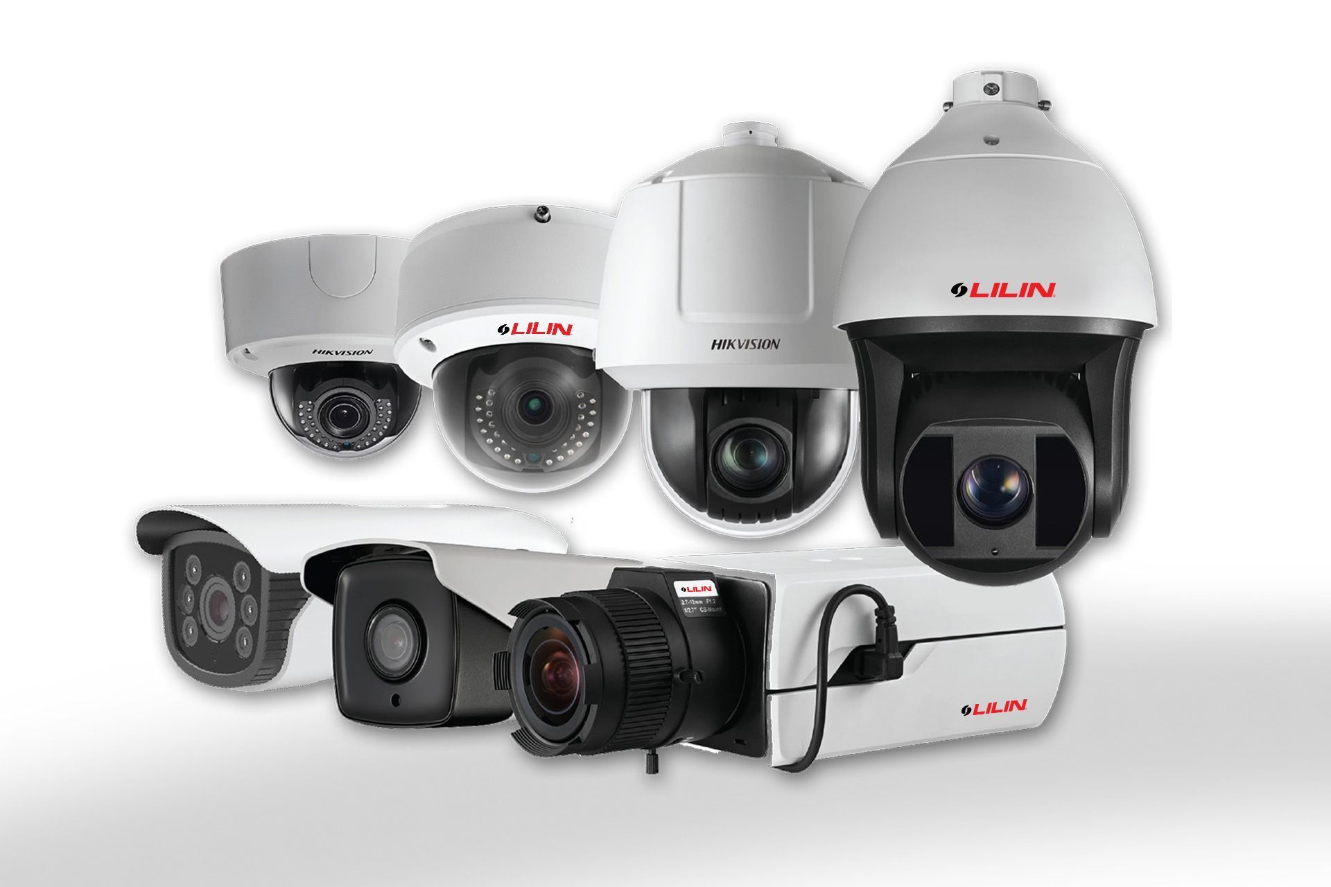 Several white and black security cameras with the