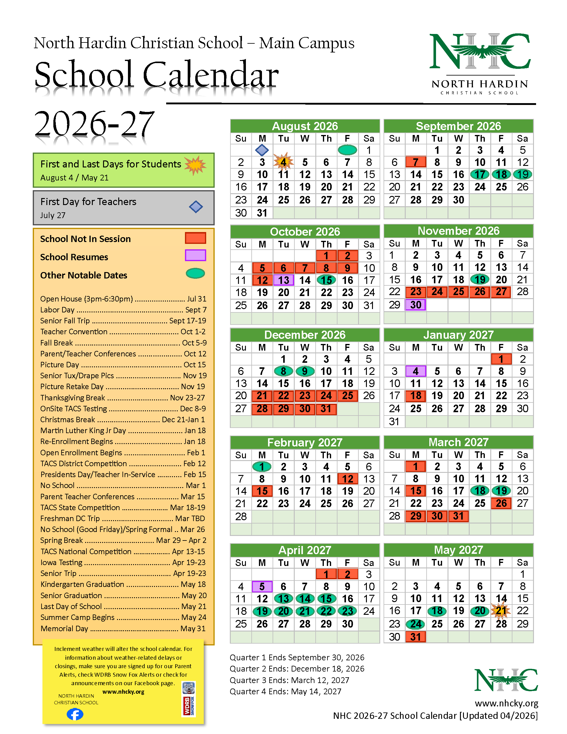 School calendar for North Haven Community School, 2025-26, with key dates color-coded.