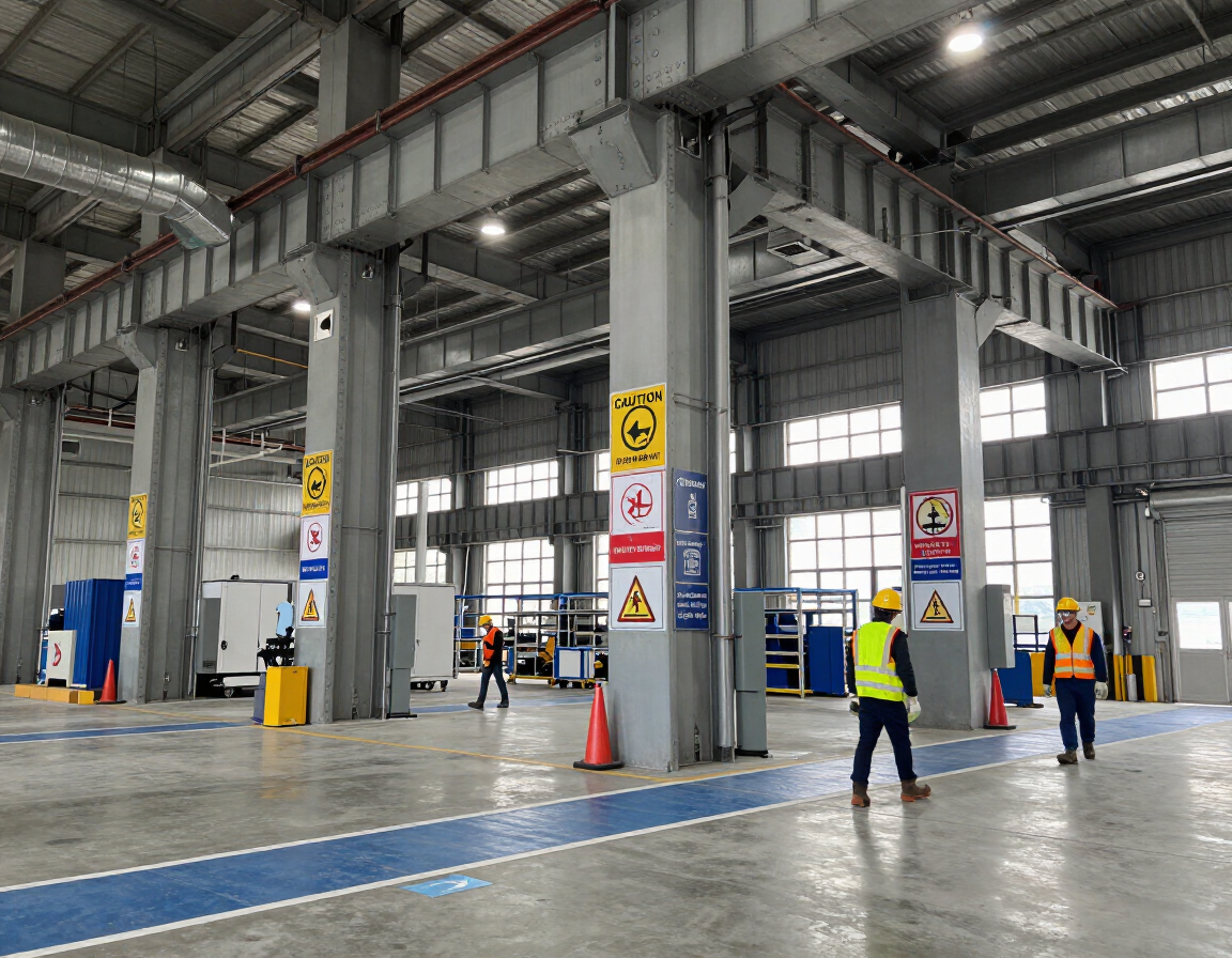 Interior de planta industrial con señalética de seguridad en gran formato y operarios con EPP