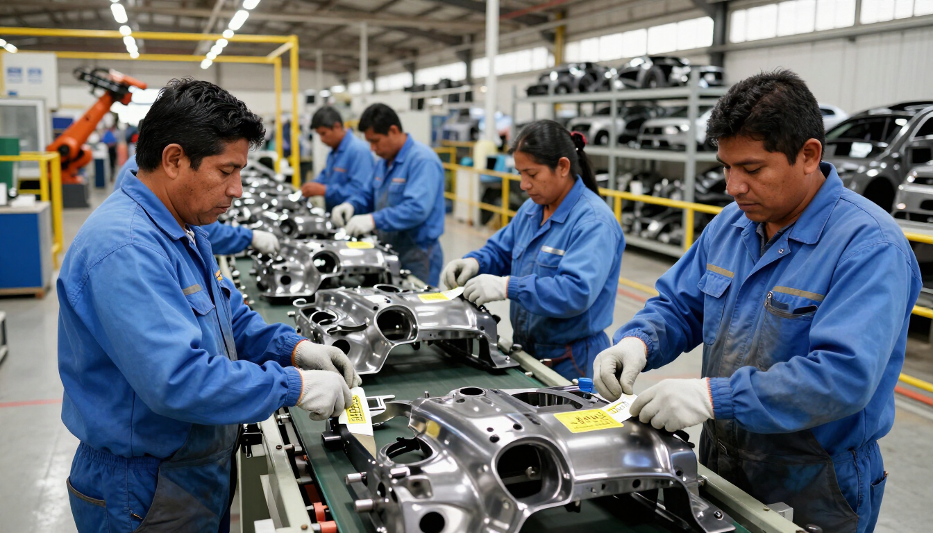 Línea de ensamblaje automotriz con operadores aplicando etiquetas