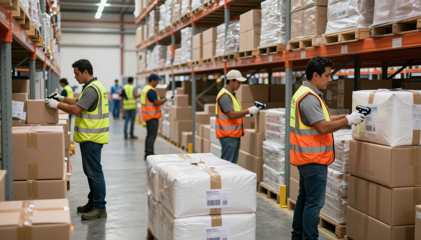 Almacén logístico con operadores escaneando cajas y rollos térmicos