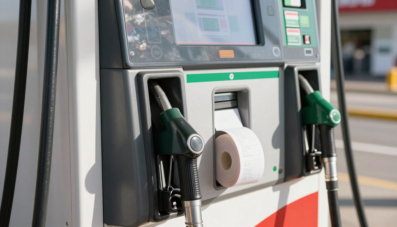 Gasolinera moderna con rollo térmico de ticket junto a la bomba