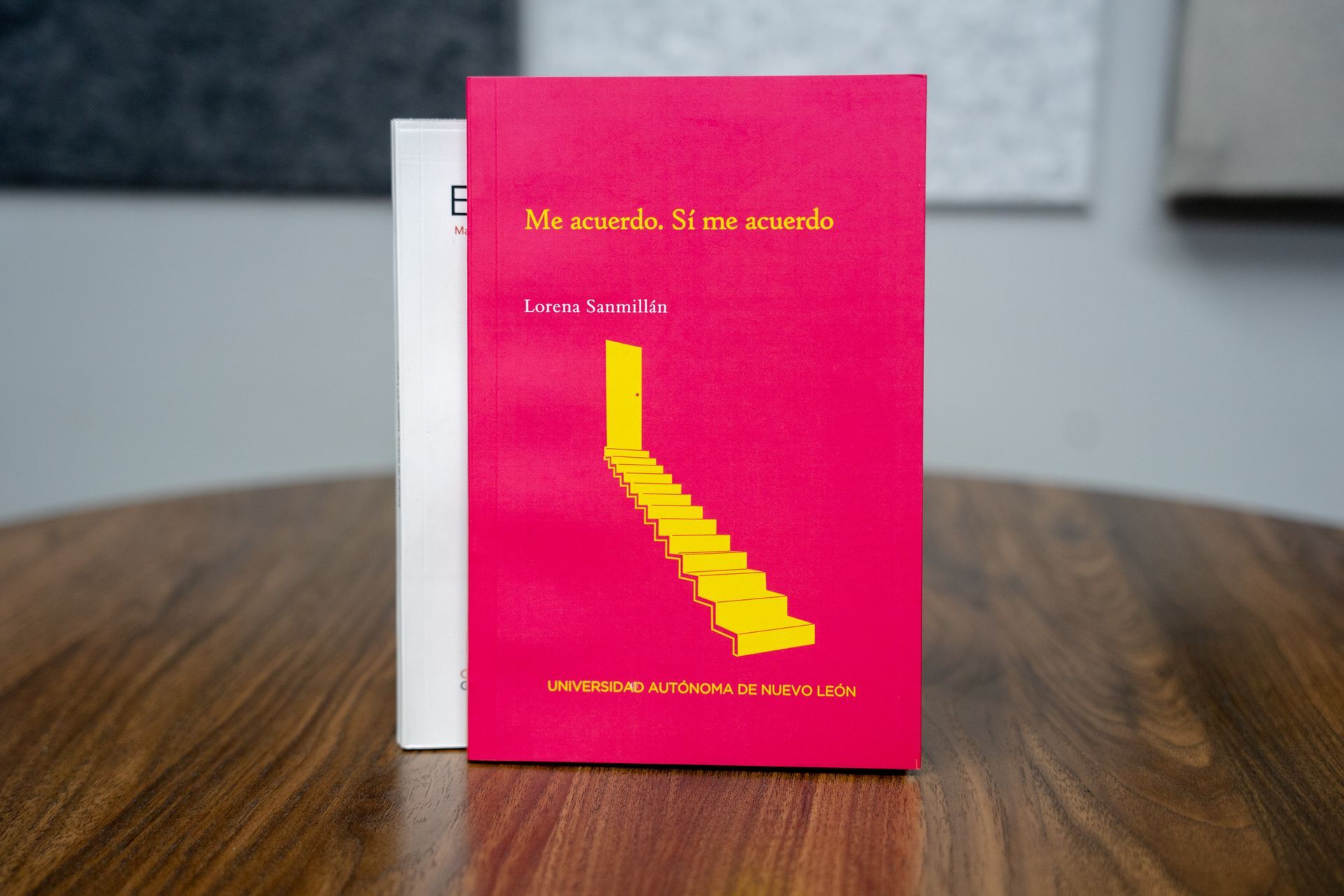 Pink book cover with yellow staircase graphic standing in front of a white book on a wooden table.