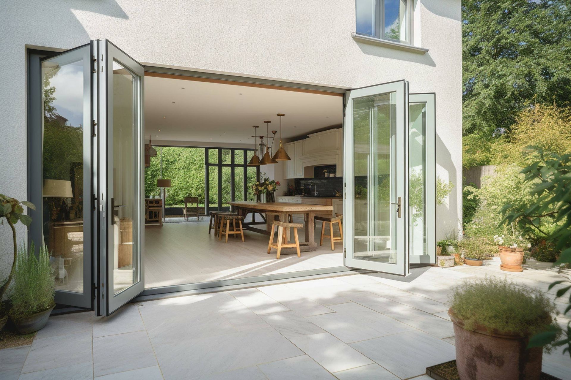 Home with glass doors wide open, leading to a bright and sunny outdoor patio at The Blind Guy near F