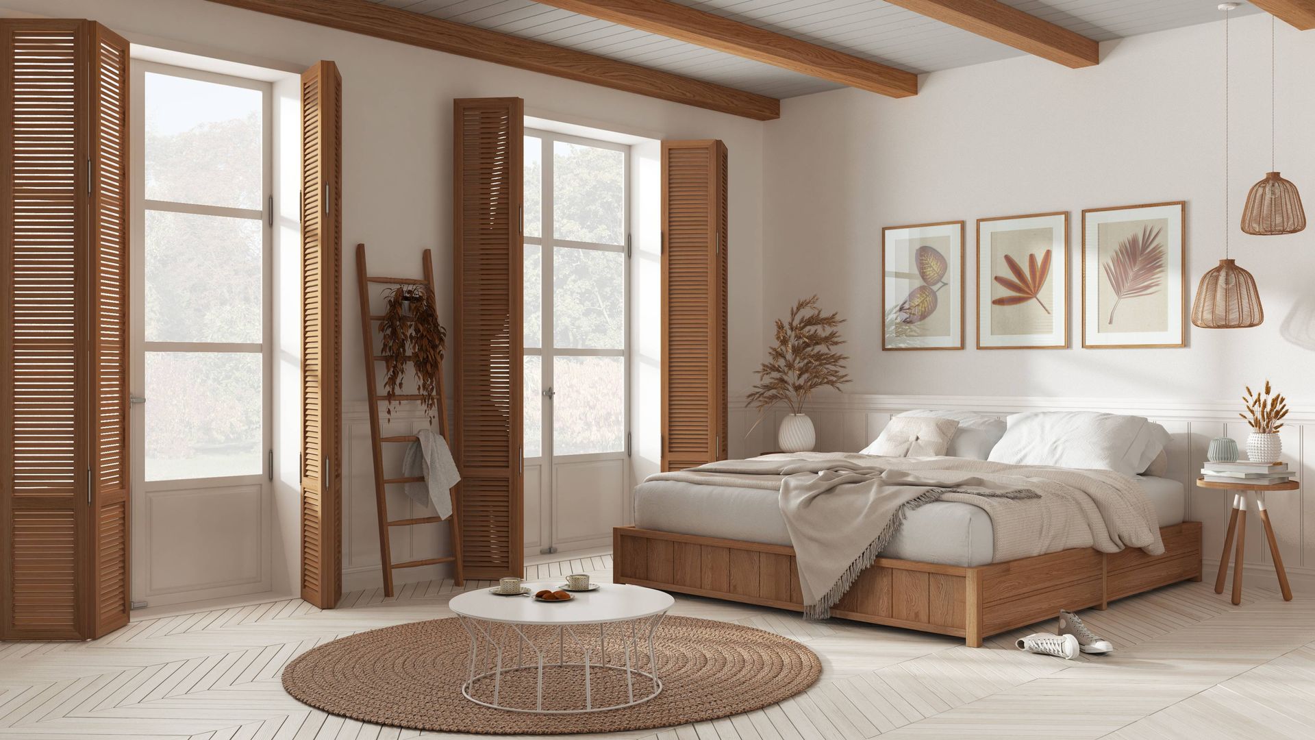 Designer Hardwood Shutters installed on the windows of an earth-toned room at The Blind Guy near For