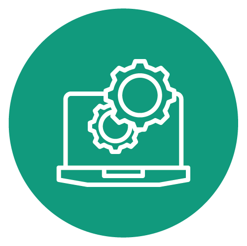 Um laptop com engrenagens na tela dentro de um círculo verde.