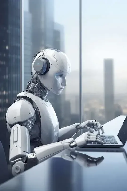 Um robô está sentado em uma mesa usando um laptop.