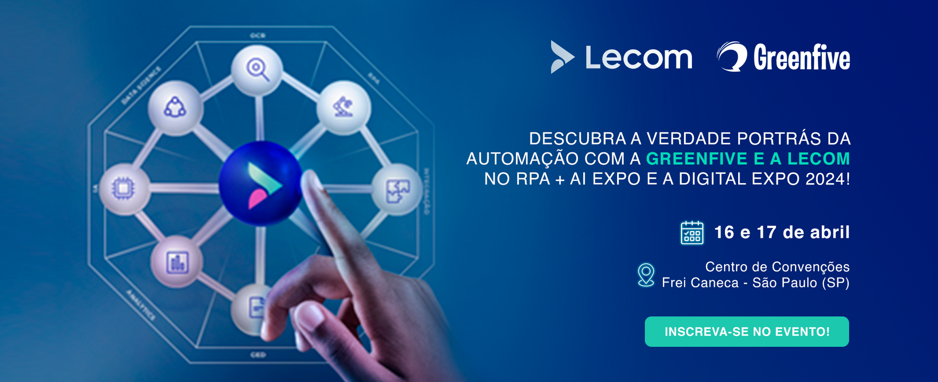 A mão de uma pessoa aponta para um círculo de ícones em um fundo azul.
