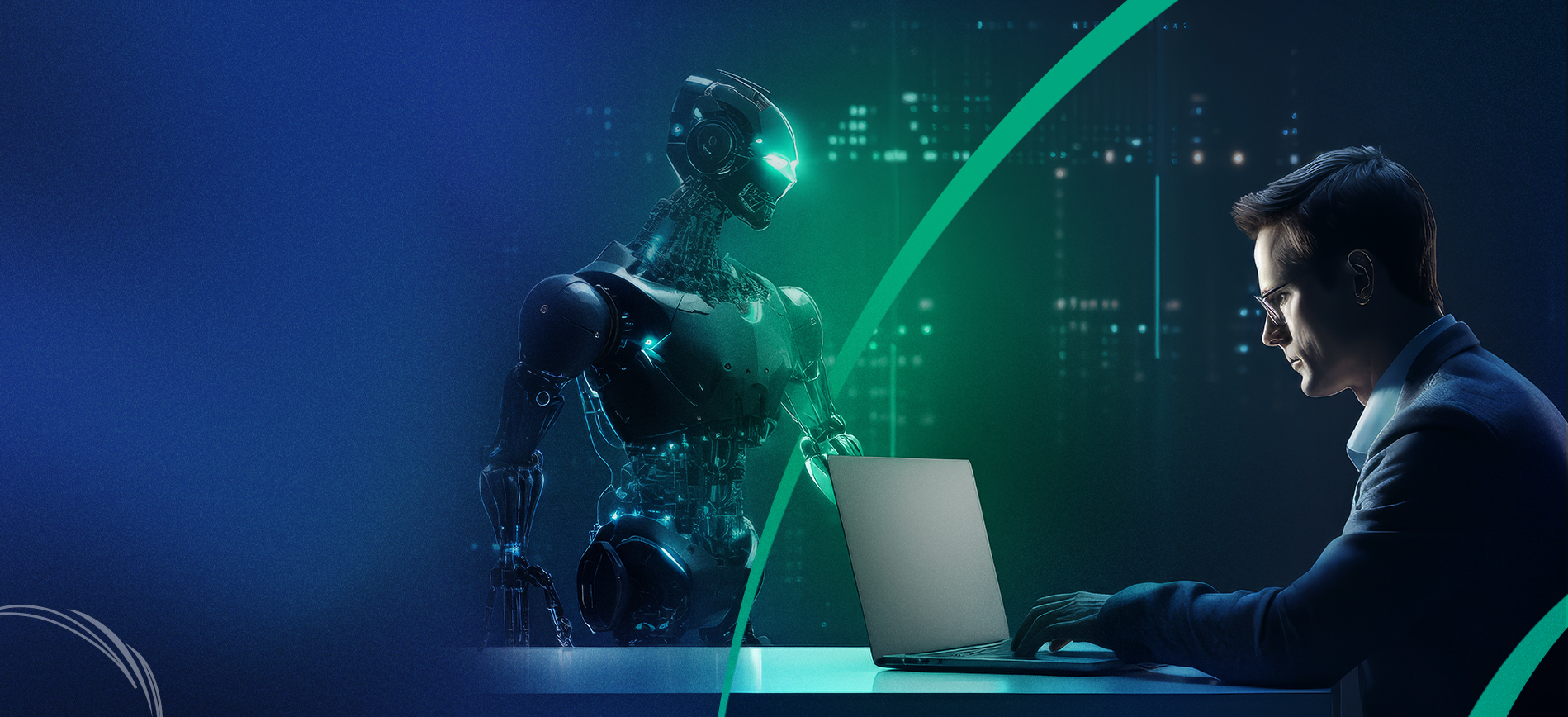Um homem está sentado em uma mesa com um laptop e um robô atrás dele.