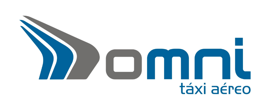 Um logotipo azul e cinza para omni taxi aéreo