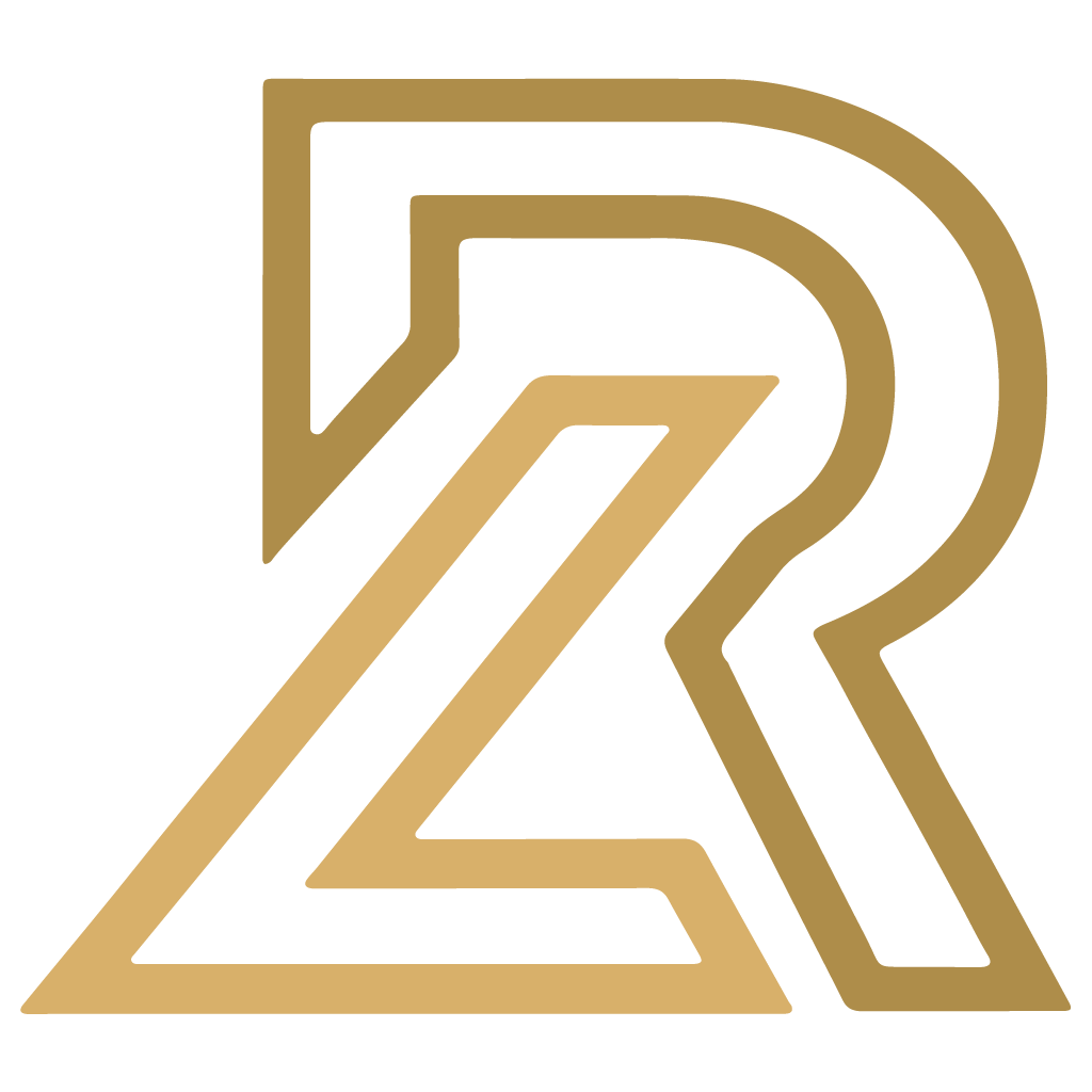 A gold and white letter r on a white background.