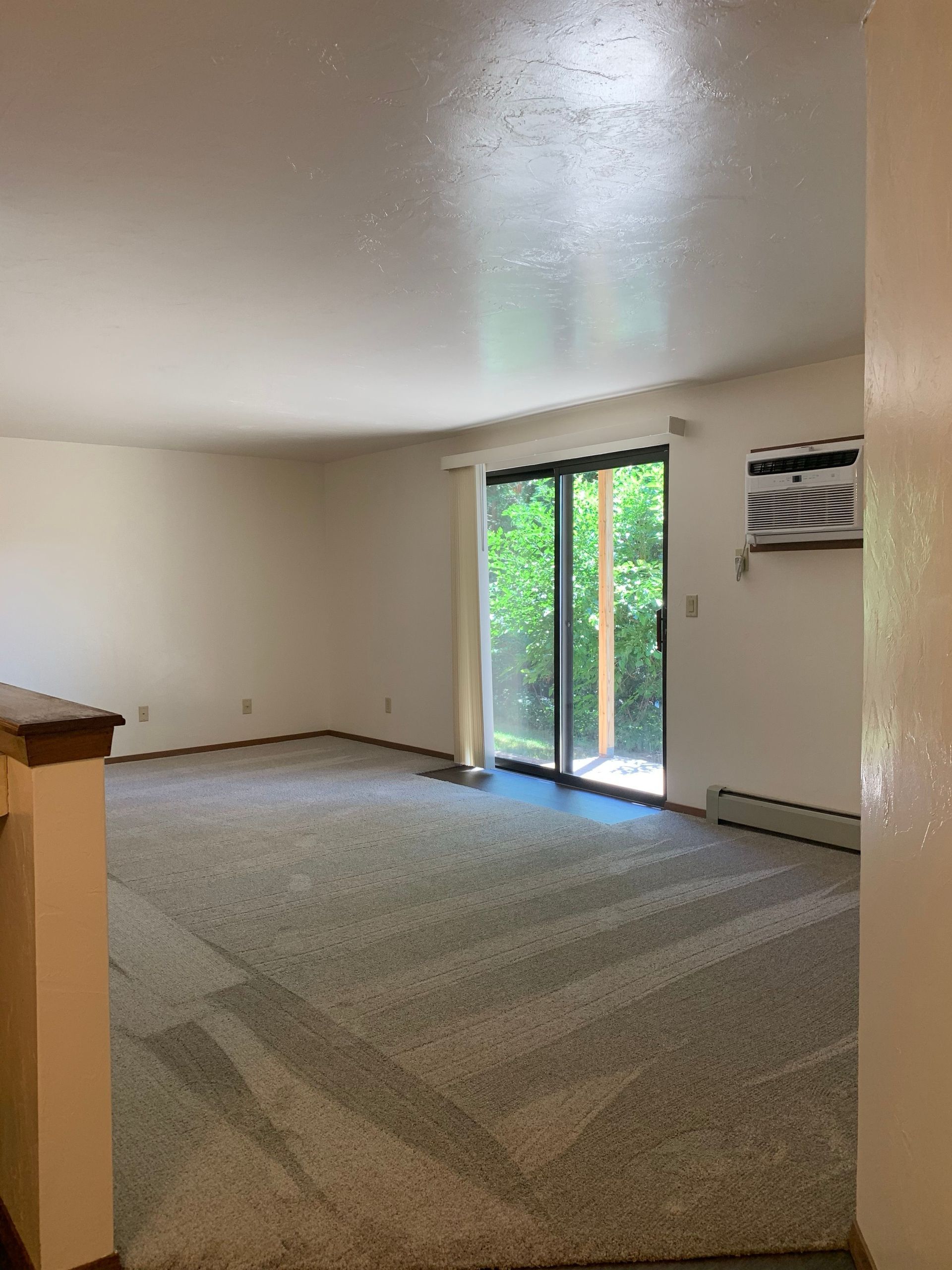 An empty living room with a sliding glass door and a window.