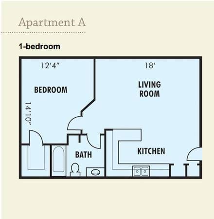 A floor plan of an apartment with a bedroom , living room , and bathroom.