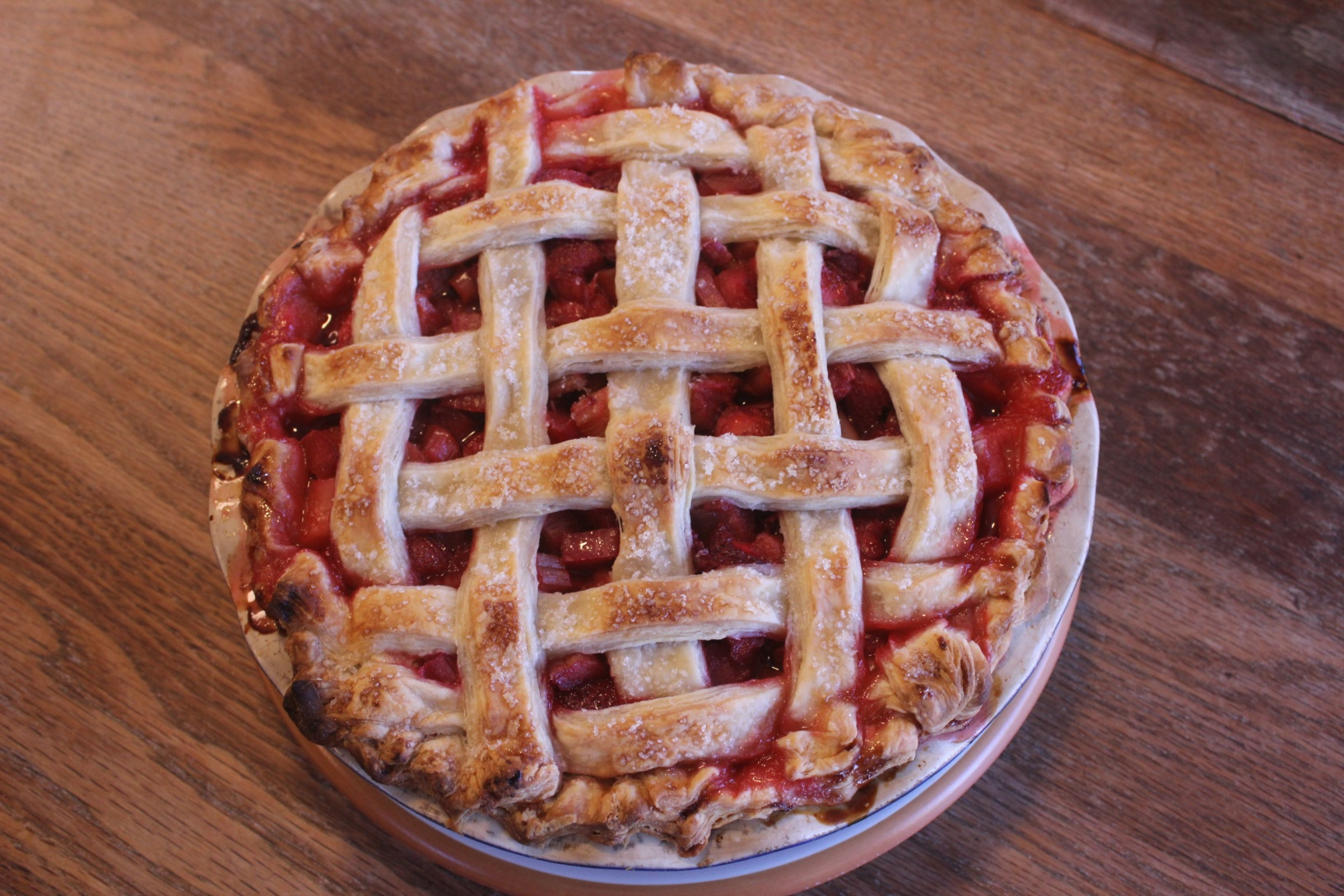 A cherry pie with a latticed top crust