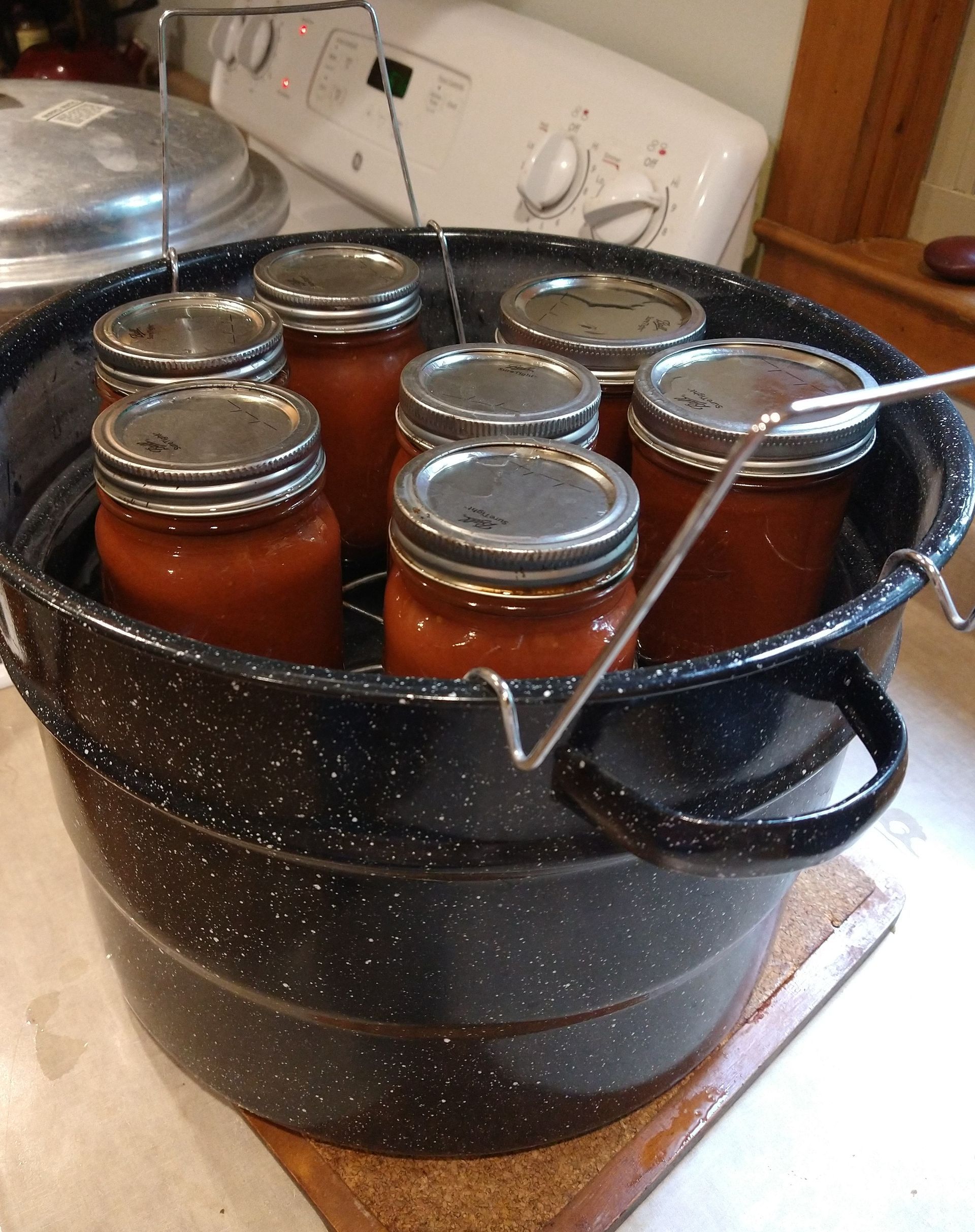 Photo of the seven jars of tomatoes after being processed in the water bath canner. The rack is suspended from the upper edge of the canner so that the jars will cool and seal.