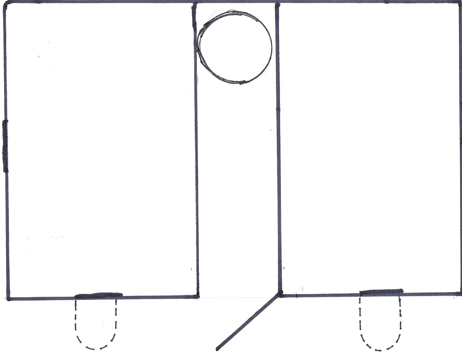 Poultry house floor plan showing central aisle and two sides with chicken exits on front of each side