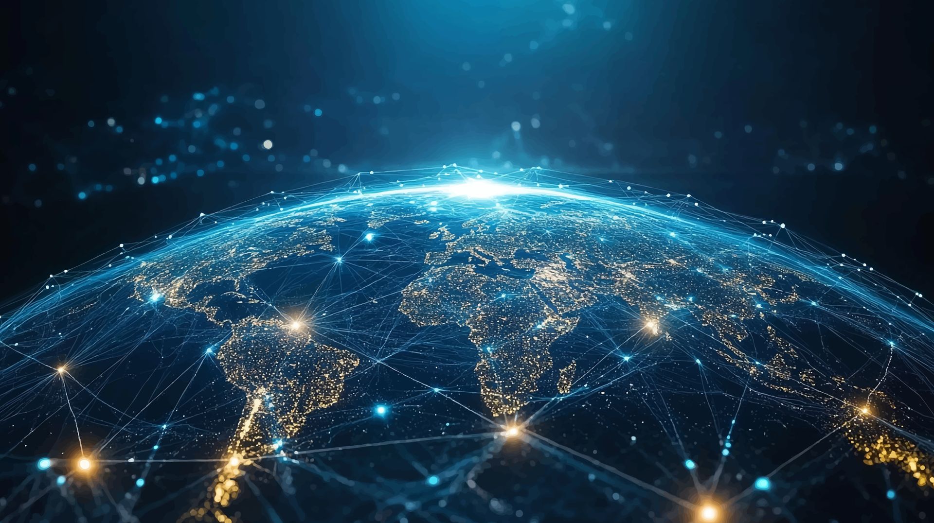 Glowing digital globe with connected network lines and city lights in a blue, futuristic space scene