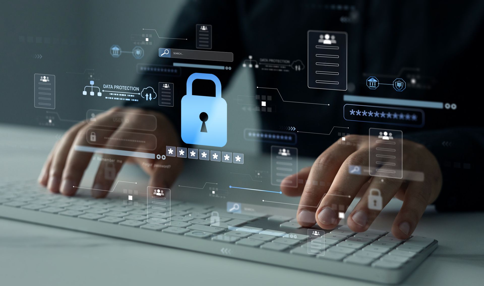 Hands typing on a laptop with a glowing padlock icon and digital security interface overlays