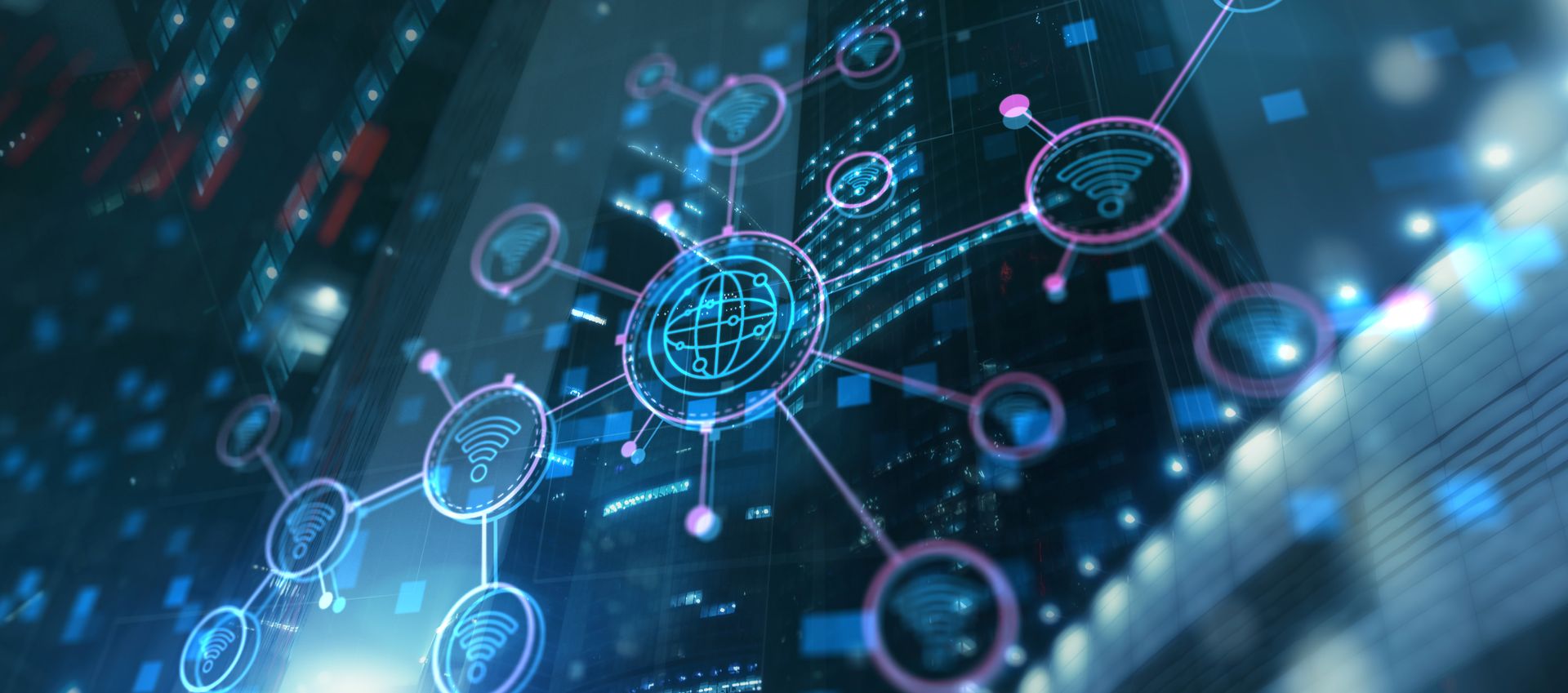 Abstract blue digital network with glowing connected nodes and technology interface graphics