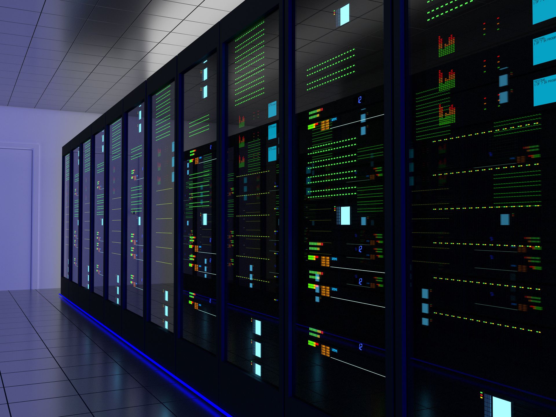 Data center corridor with rows of server racks lit by blue and green indicator lights