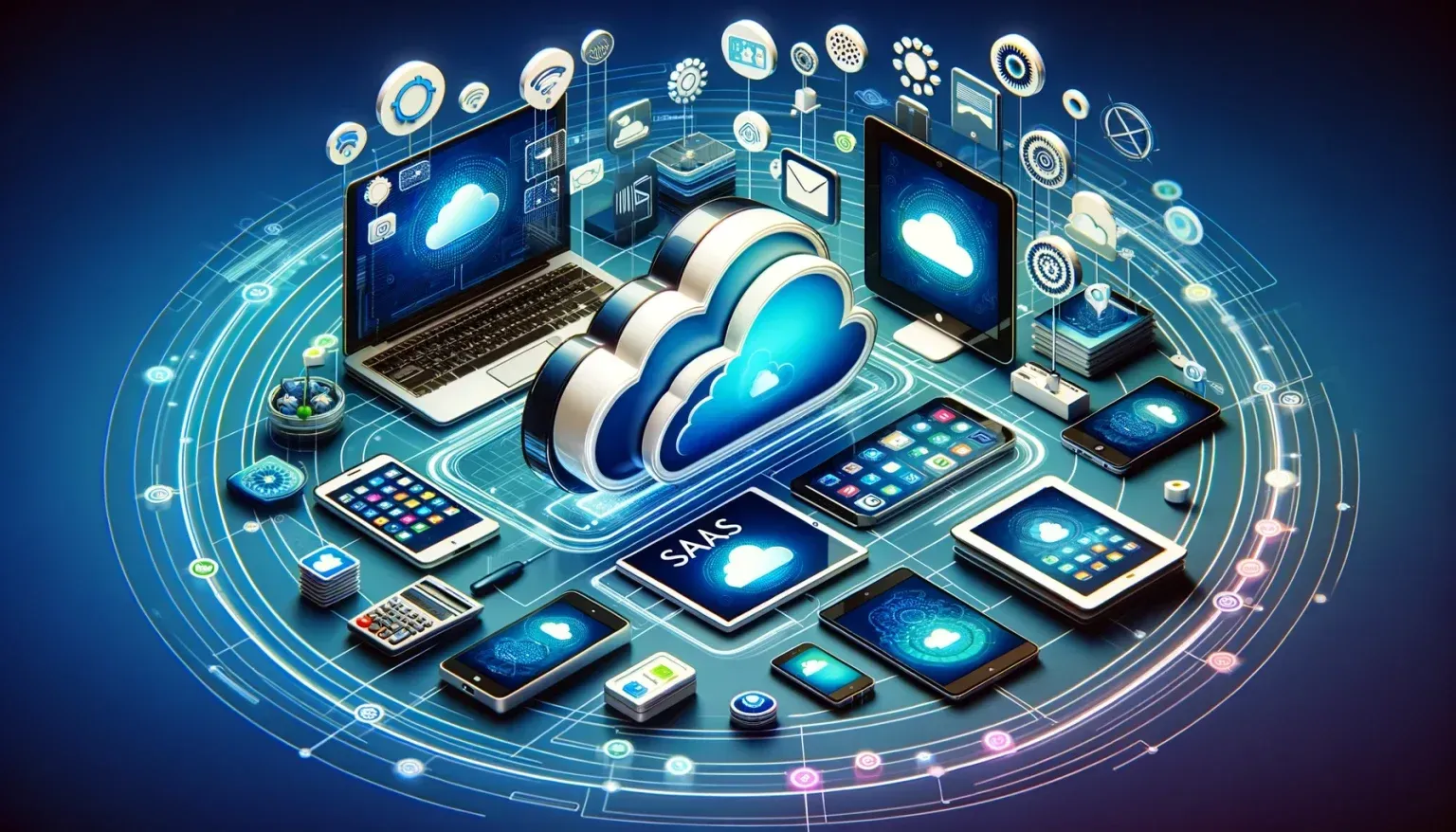 Cloud computing network illustration with glowing devices connected around a central cloud icon