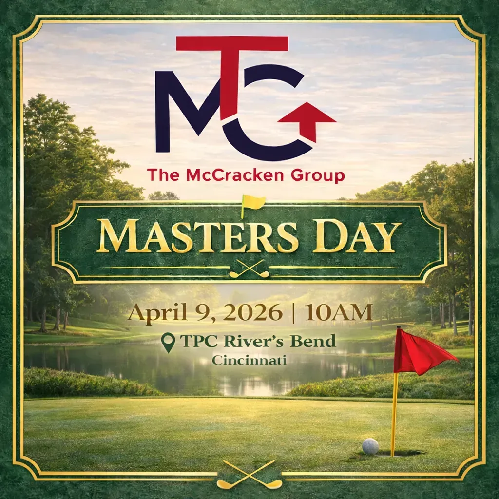 Masters Day event flyer with green and gold golf course background, April 9, 2026, 10AM at PC River’s Bend, Cincinnati