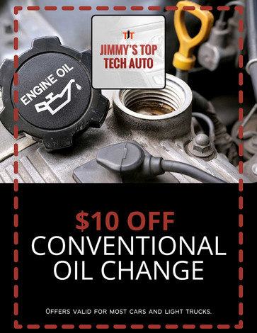 $10 off conventional oil change ad for Jimmy’s Top Tech Auto, with engine oil cap and dipstick