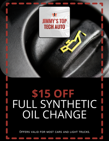 Promotional poster for Jimmy’s Top Tech Auto: $15 off full synthetic oil change with oil dipstick icon