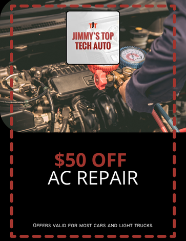JIMMY'S TOP TECH AUTO ad: $50 off AC repair over an engine bay with mechanic working.