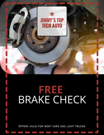 Brake rotor ad with red and white text reading “Free Brake Check” and “Jimmy’s Top Tech Auto.”